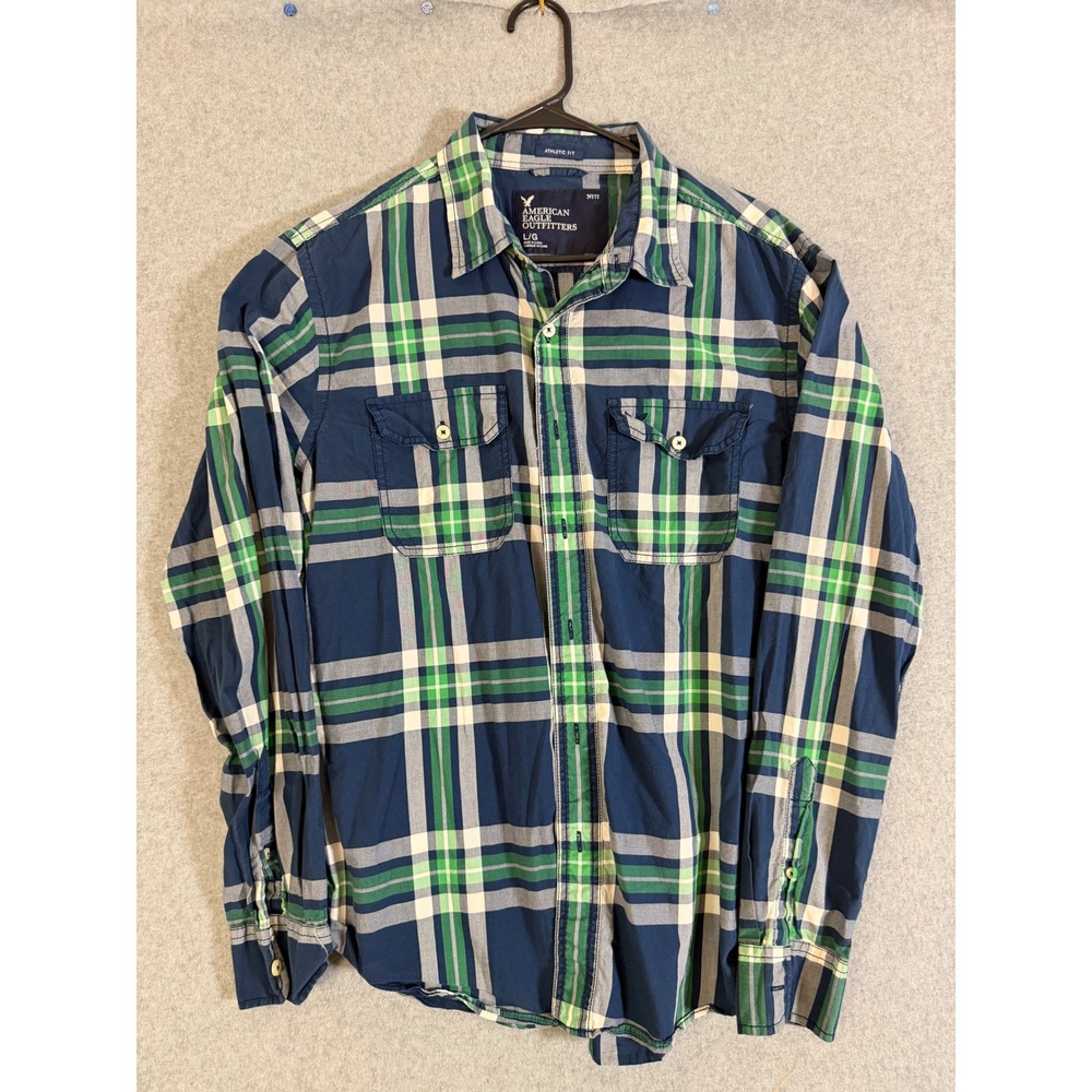 American Eagle Shirt Mens Large Athletic Fit Plaid Button Down Navy Green L